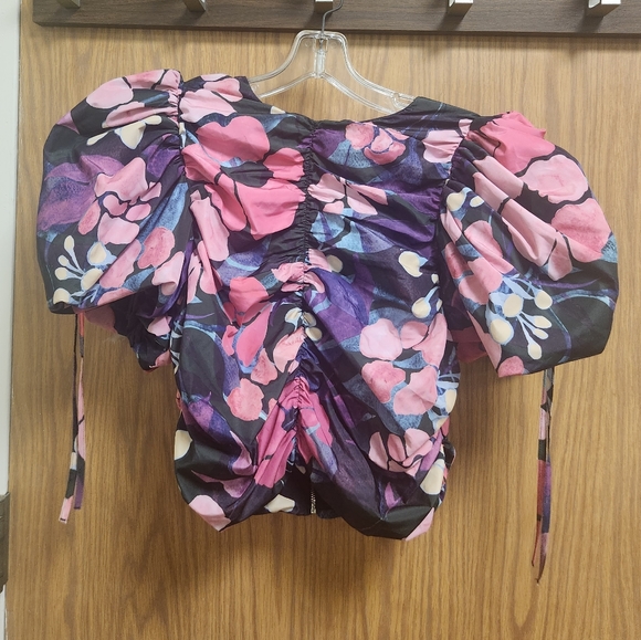 H&M Gathered Puff-sleeved Blouse Blouse Colorful Floral Print Sz M. NWOT - Picture 3 of 14